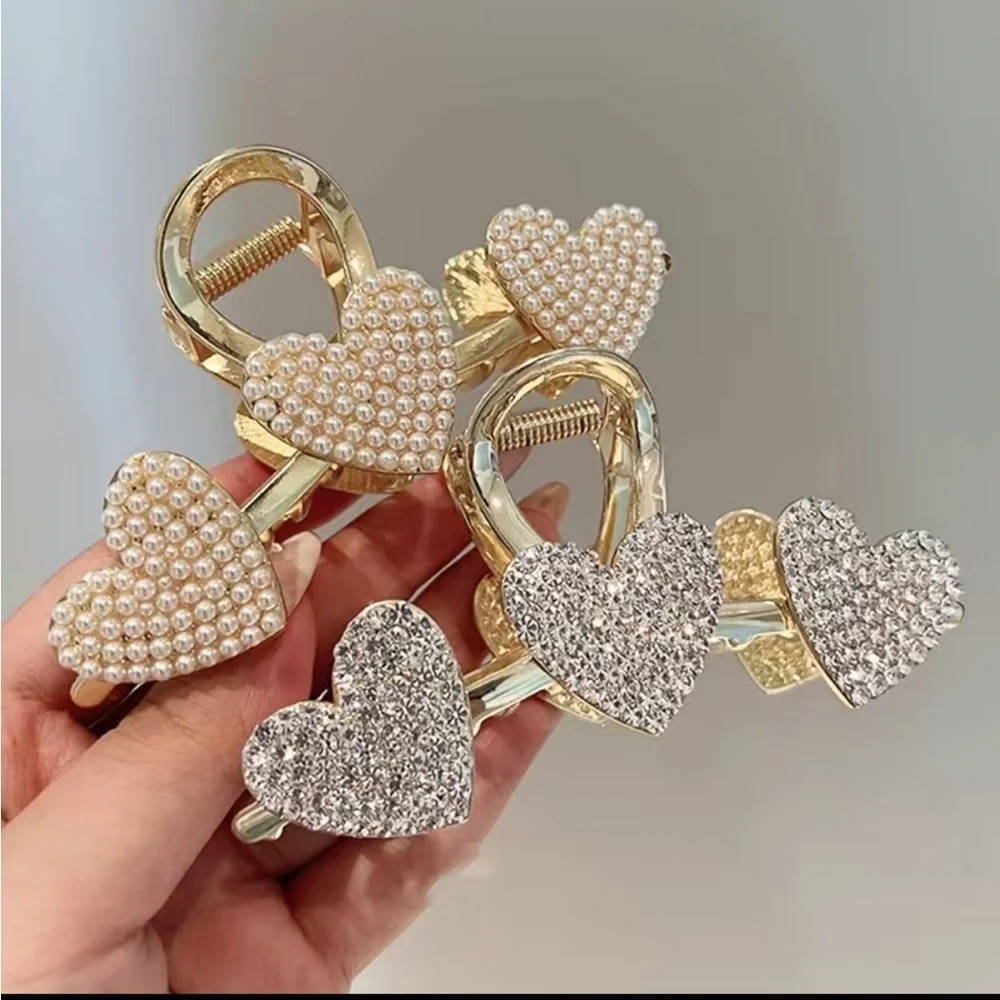 Gold Pearl & Silver Heart Rhinestone Hair Clips